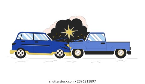 Head-on collision automobiles 2D linear cartoon object. Crash bumper. Transports traffic accident isolated line vector element white background. Vehicles damaged color flat spot illustration