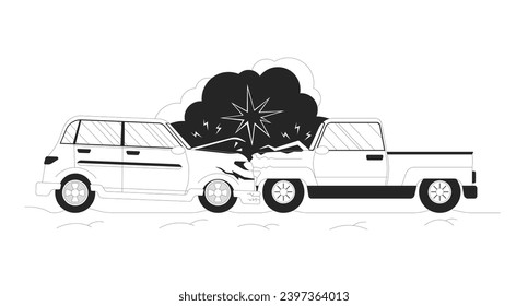 Head-on collision automobiles black and white 2D line cartoon object. Crash bumper. Transports traffic accident isolated vector outline item. Vehicles damaged monochromatic flat spot illustration