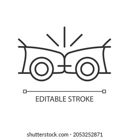 Head-on collision linear icon. Frontal crash. Two vehicles collide into one another. Thin line customizable illustration. Contour symbol. Vector isolated outline drawing. Editable stroke
