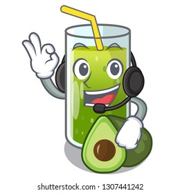 With headphone avocado smoothies in the cartoon shape