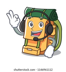 With headphone backpack mascot cartoon style