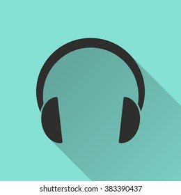 Headphone  black icon with long shadow, flat design. Vector illustration.