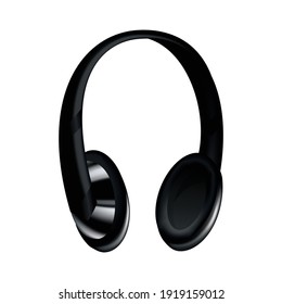 Headphone. Black music earphone or gaming headset. Audio gadget with speaker or wireless mobile earbud isolated 3d vector image. Technology studio accessories