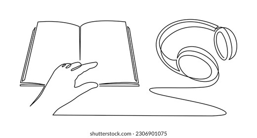 Headphone and book one line art,hand drawn audio reading device,listening audiobook wireless gadget continuous contour.Education and studying concept,technology for audition text outline.Editable