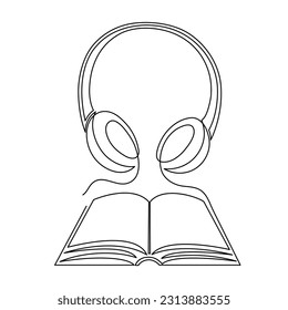 Headphone and book one line art,hand drawn audio reading device,listening audiobook wireless gadget continuous contour.Education and studying concept,technology for audition text outline.Editable