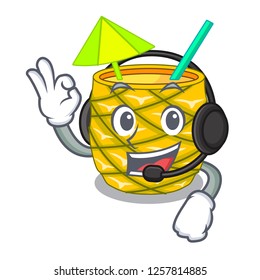 With headphone bottles pineapple juice on cartoon table