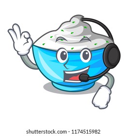 With headphone bowl of sour cream on cartoon wooden table
