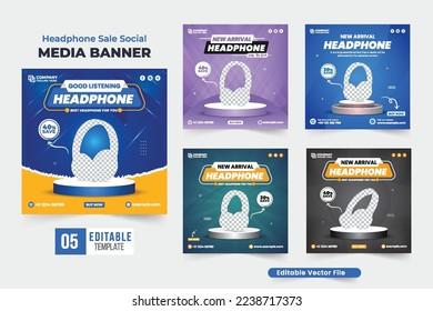 Headphone brand advertisement template set vector with blue and yellow colors. Gadget sale social media post bundle design with abstract shapes. Headphone business promotional poster collection.