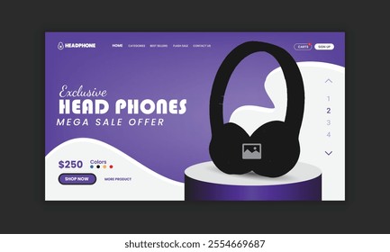 Headphone brand product landing page or Music headphone website home page hero section user interface design template