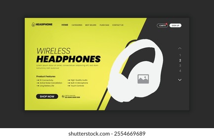Headphone brand product landing page or Music headphone website home page hero section user interface design template