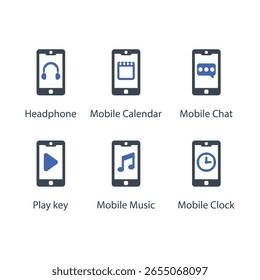 Kopfhörer, Kalender, Mobile Chat, Play-Taste, Musik, Uhr, Symbol