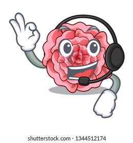 With headphone carnations flower above mascot wood table