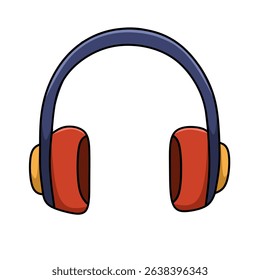 Headphone cartoon illustration with a blue headband and red earcups, isolated on a white background. The image features a simple and playful design.