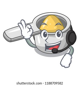 With headphone cartoon medical measuring spoon on pharmacy