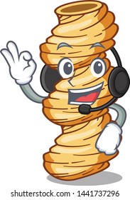 With headphone cellentani pasta in a cartoon bowl