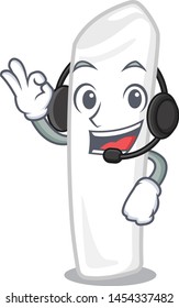 With headphone chalk cartoon in front of board
