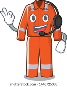 With headphone character work overalls hanging on door