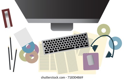 Headphone with computer on white modern desk in music studio for dj or musician work. Top desk view of musician for songwriter work concept illustration vector.
