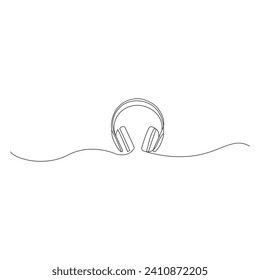 dibujo continuo de líneas de auriculares. Escuchando el gadget inalámbrico de música. Ilustración del vector aislada en blanco