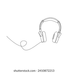 dibujo continuo de líneas de auriculares. Escuchando el gadget inalámbrico de música. Ilustración del vector aislada en blanco