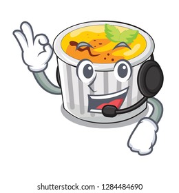 With headphone creme brulee served on mascot plate