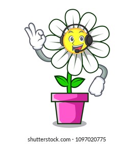 With headphone daisy flower mascot cartoon