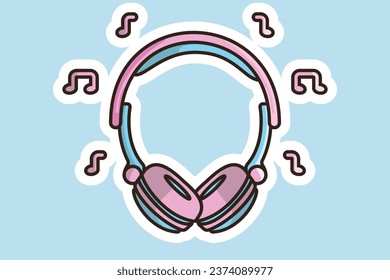 Headphone Device with Music Notes Sticker vector illustration. Sports and recreation or technology object icon concept. Headphones for gamers, music concept sticker design with shadow.