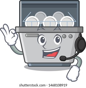 With headphone dishwasher machine next to cartoon stove