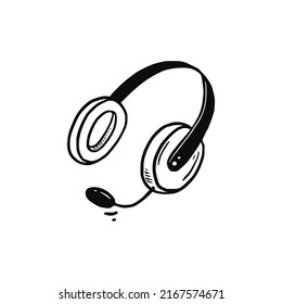 Headphone doodle hand drawn sketch element. Headphone with microphone. Vector illustration isolated.