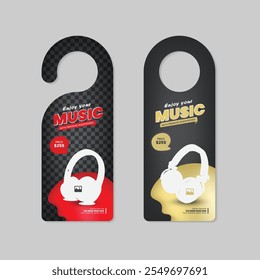 Headphone door hanger ads and level design, colorful musical instrument tag design template with two different color bundles