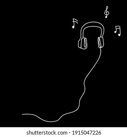 Dibujo de auriculares con notas de música en el vector de fondo negro