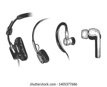 Headphone evolution sketch line art engraving vector illustration. Scratch board style imitation. Hand drawn image.