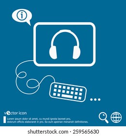 Headphone and flat design elements. Line icons for application development, web page coding and programming, creative process, social media, print.