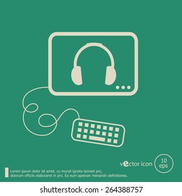 Headphone and flat design elements. Line icons for application development, web page coding and programming, web design, creative process, social media, seo.