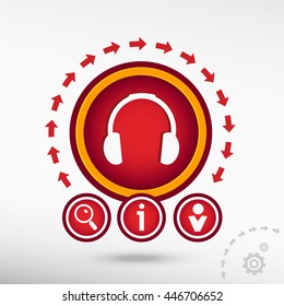 Headphone flat icon on creative background. Red design concept for banner, web, advertising, print.  