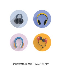Headphone flat icon set with long shadow, earplugs