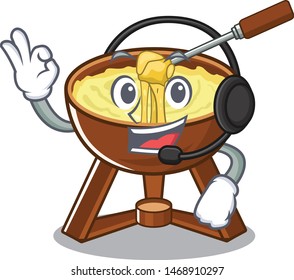 With headphone fondue cheese in a cartoon plate