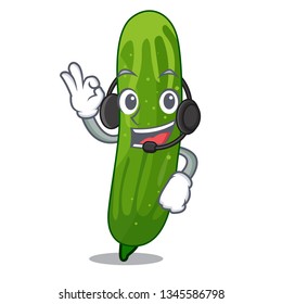 With headphone fresh cucumber slice on mascot board