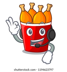 With headphone fried chicken bucket isolated on mascot