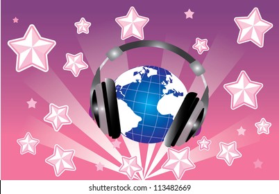 Headphone and globe explosion background with many stars