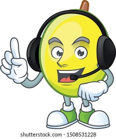 With headphone gomortega fruit cartoon character mascot style.