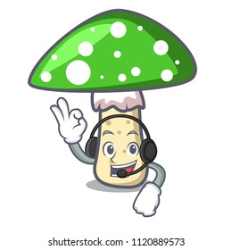 With headphone green amanita mushroom mascot cartoon