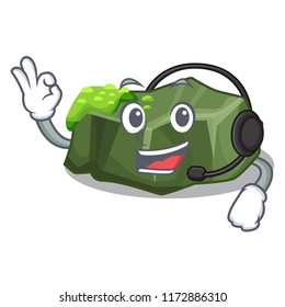 With headphone green rock moss isolated on cartoon