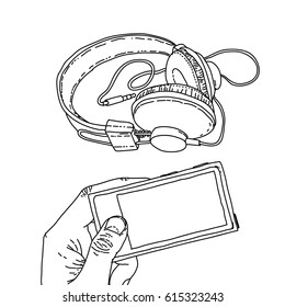 Headphone and hand holding music player vector - Hand draw graphic style.