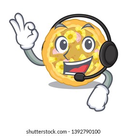 With headphone hawaiian pizza above wooden cartoon table