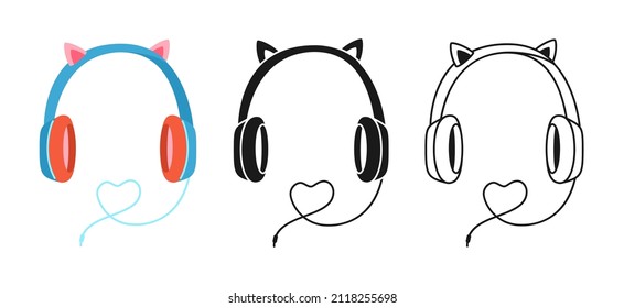 Headphone headset comic icon, cartoon hand drawn or stamp, doodle line set. Simple earphone sign call center, operator. Listen stereo music device symbol. Vector design for web design, mobile app