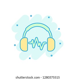 Headphone headset icon in comic style. Headphones vector cartoon illustration pictogram. Audio gadget business concept splash effect.