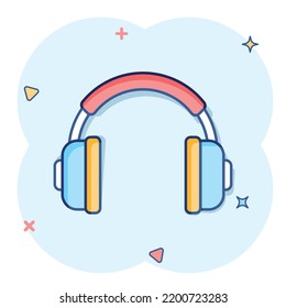 Headphone headset icon in comic style. Headphones vector cartoon illustration pictogram. Audio gadget business concept splash effect.