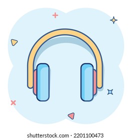Headphone headset icon in comic style. Headphones vector cartoon illustration pictogram. Audio gadget business concept splash effect.