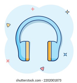 Headphone headset icon in comic style. Headphones vector cartoon illustration pictogram. Audio gadget business concept splash effect.